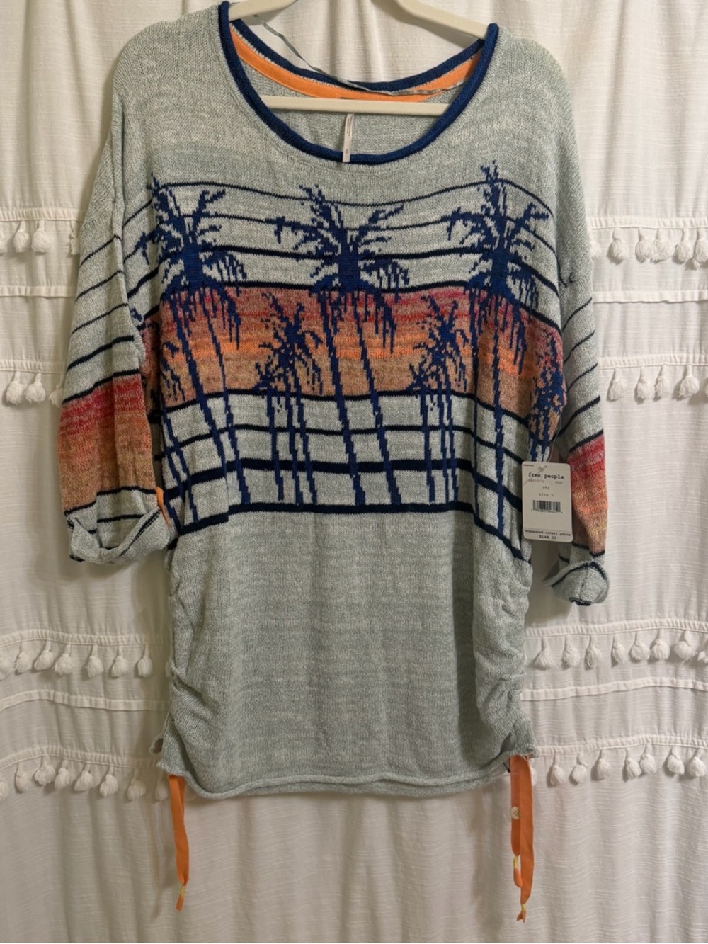 Free People Women's Palm Tree Breeze Knit Ruched Sweater Pullover Top Sunset S - Picture 4 of 11